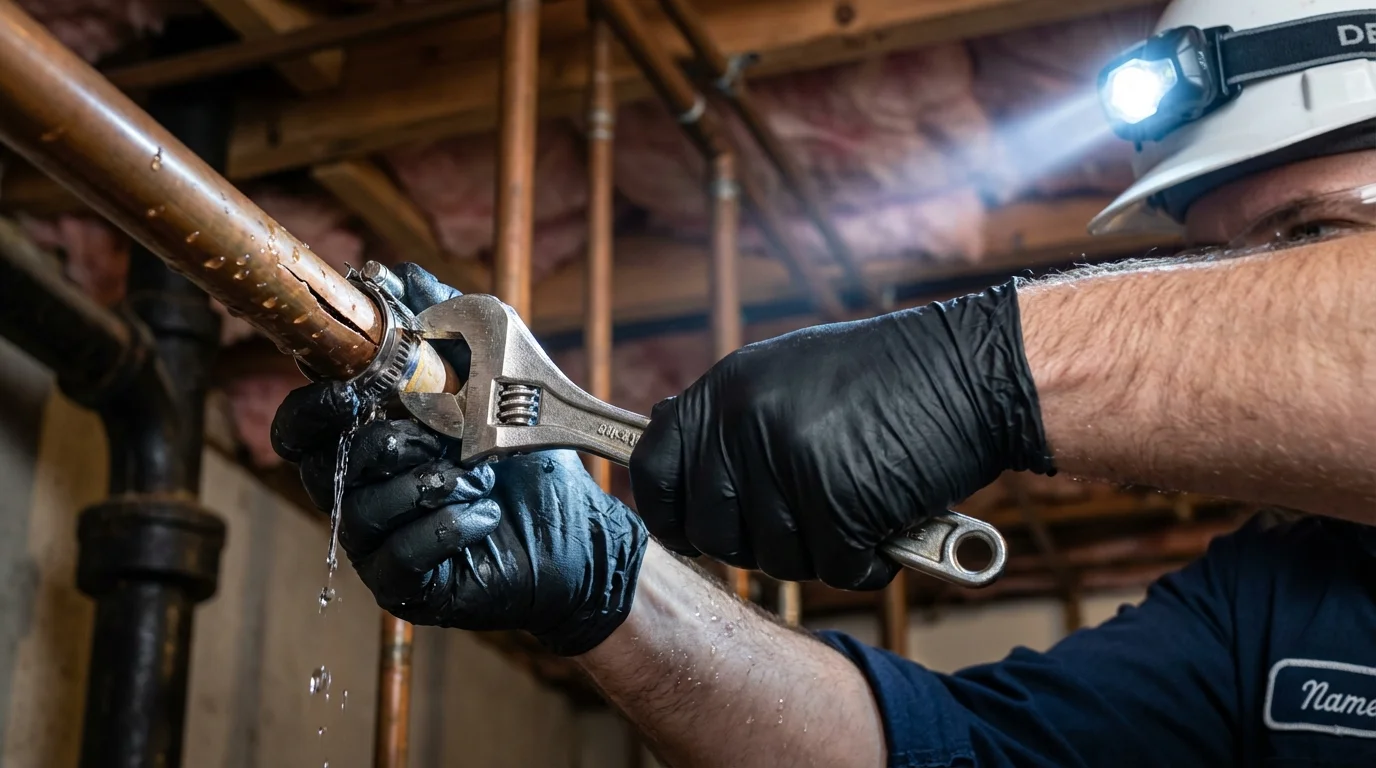 Emergency pipe clamp repair being performed by a Johns Plumbing LLC plumber in Buhler
