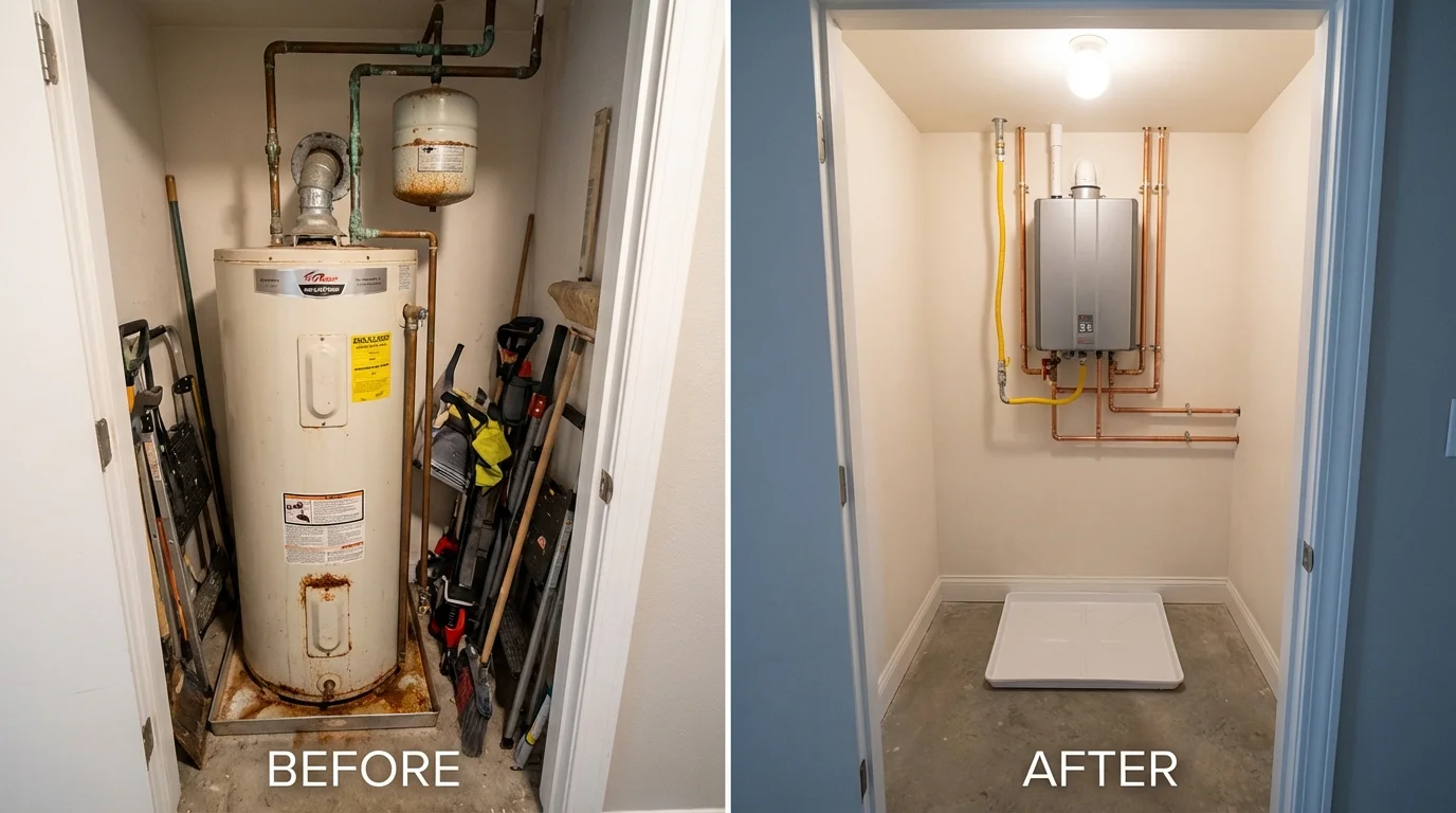 Tank water heater versus wall-mounted tankless unit comparison for Buhler, KS homeowners