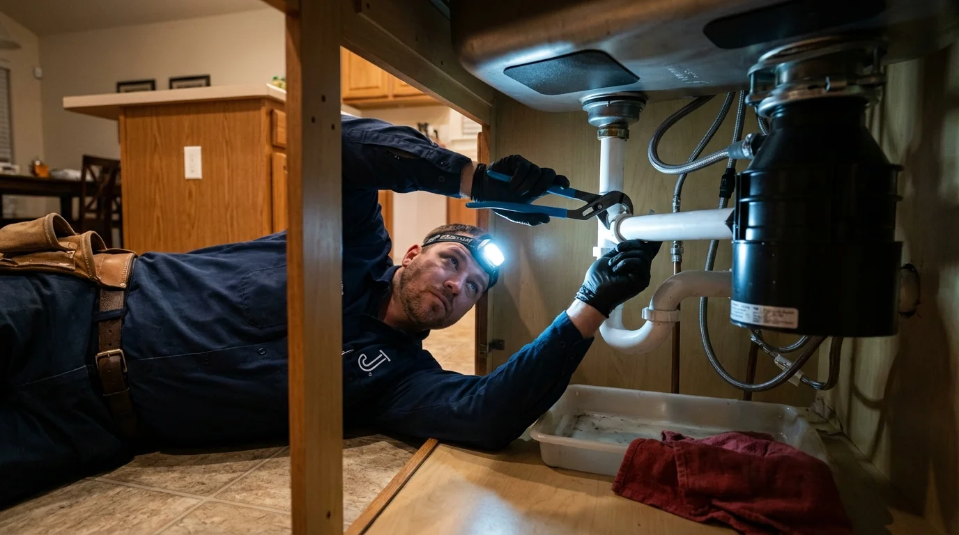 P-trap and supply line connections under a kitchen sink showing a common leak point in Buhler, KS